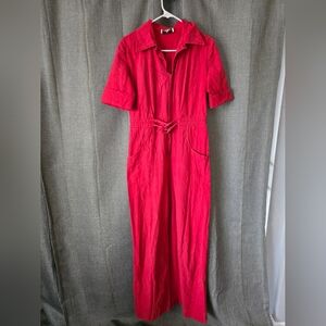 Vtg 80s Jazzie Red Utility Style Short Sleeve Jumpsuit Size 12 Red Wide Leg